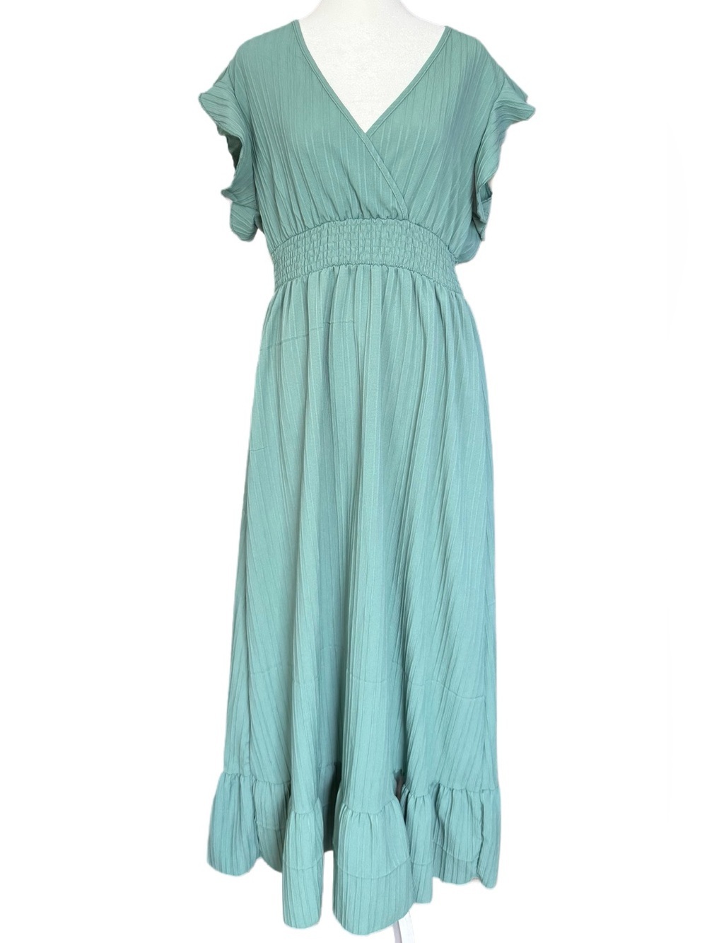 NWT SHEIN LUNE V-Neck Ruffled Dress, Sage Green, Size L (8/10)